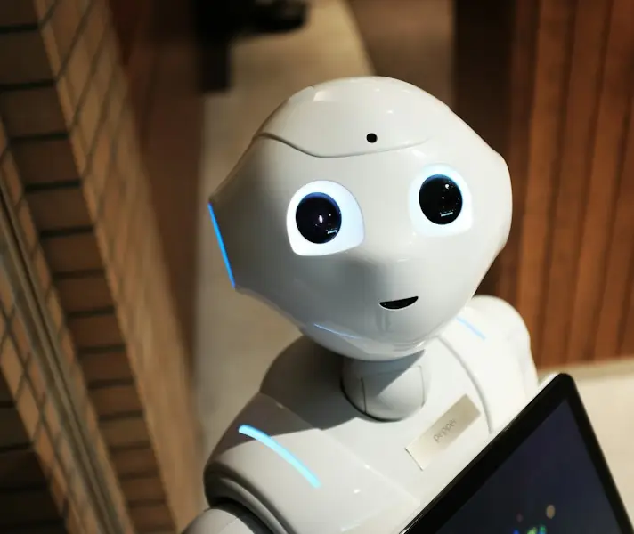Small white humanoid robot looking toward the camera