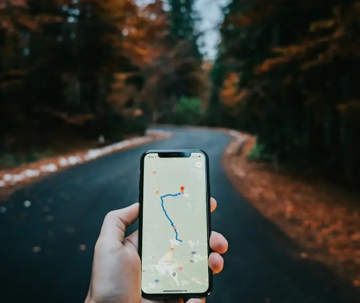 Hand holding a phone with a map open on a country road