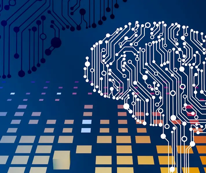 Illustration of a circuit-board brain on a blue background