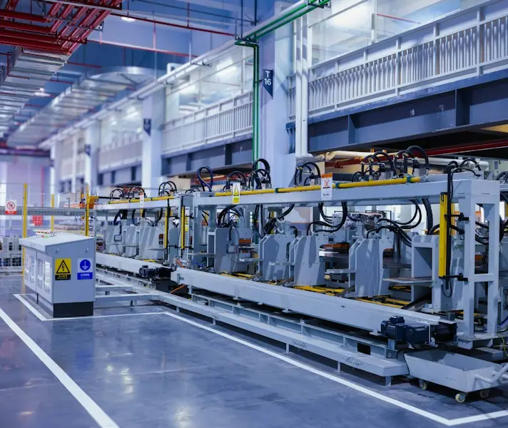Automated production line inside a bright factory